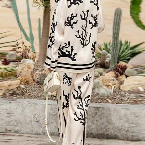 Apricot Casual Women's S Set Front Button Long Sleeve Printed Top And Pants - Picture 2 of 4